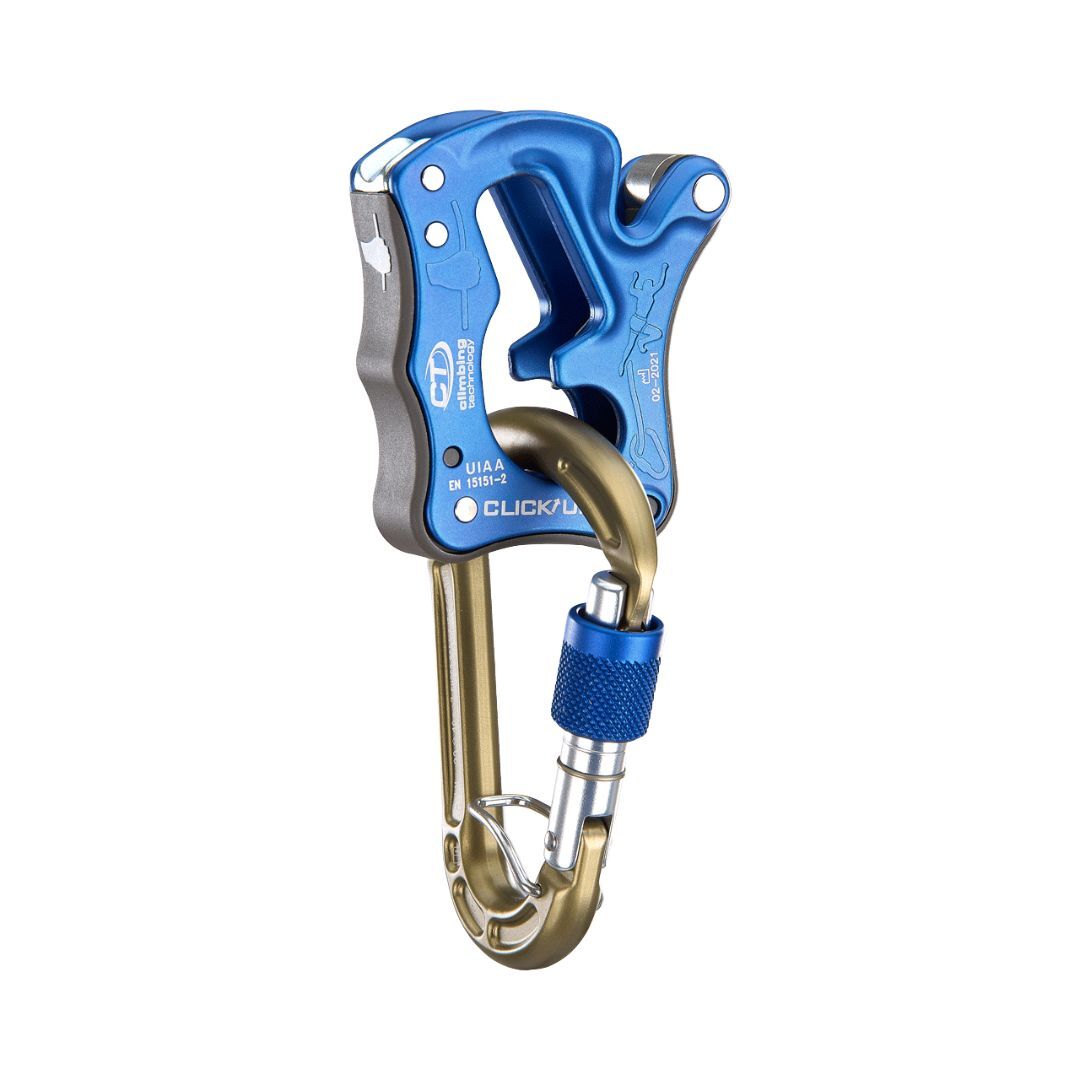 click-up-asegurador-escalada-pared-azul Asegurador de frenado manual Click Up para escalada deportiva en roca o rocódromo