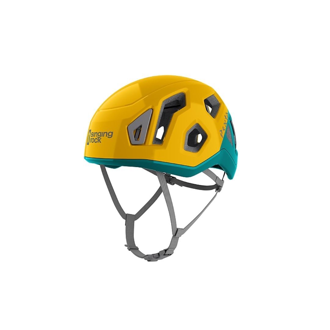 Casco infantil PENTA JUNIOR de Singing Rock en color amarillo y verde azulado para escalada y alpinismo